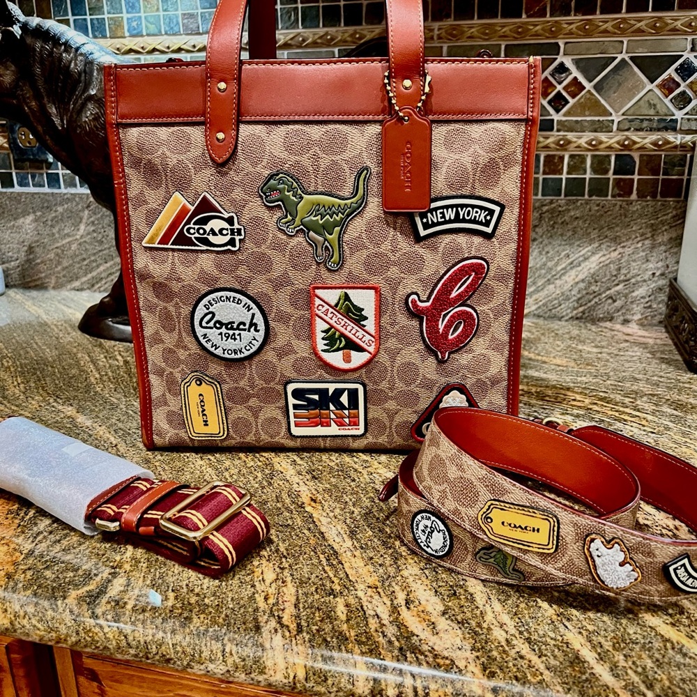 Coach Brown and Tan Field Tote with Patches